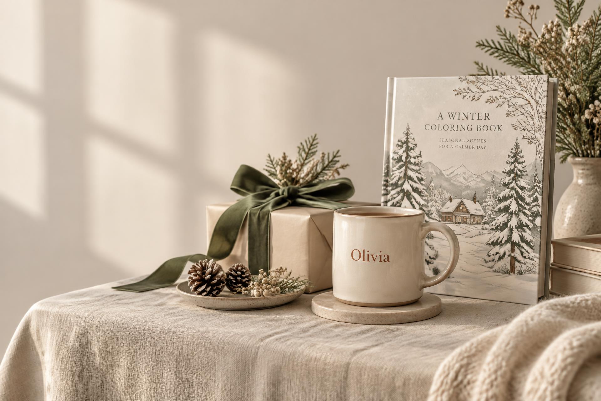 Personalized mug, winter coloring book, and wrapped gift