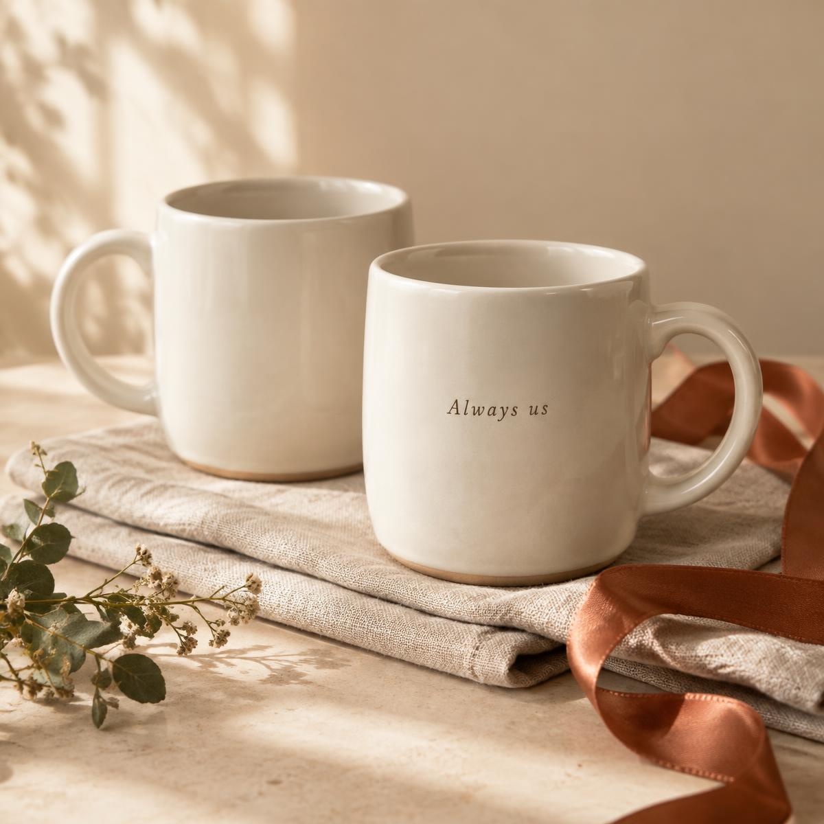Pair of warm white ceramic mugs with a private phrase