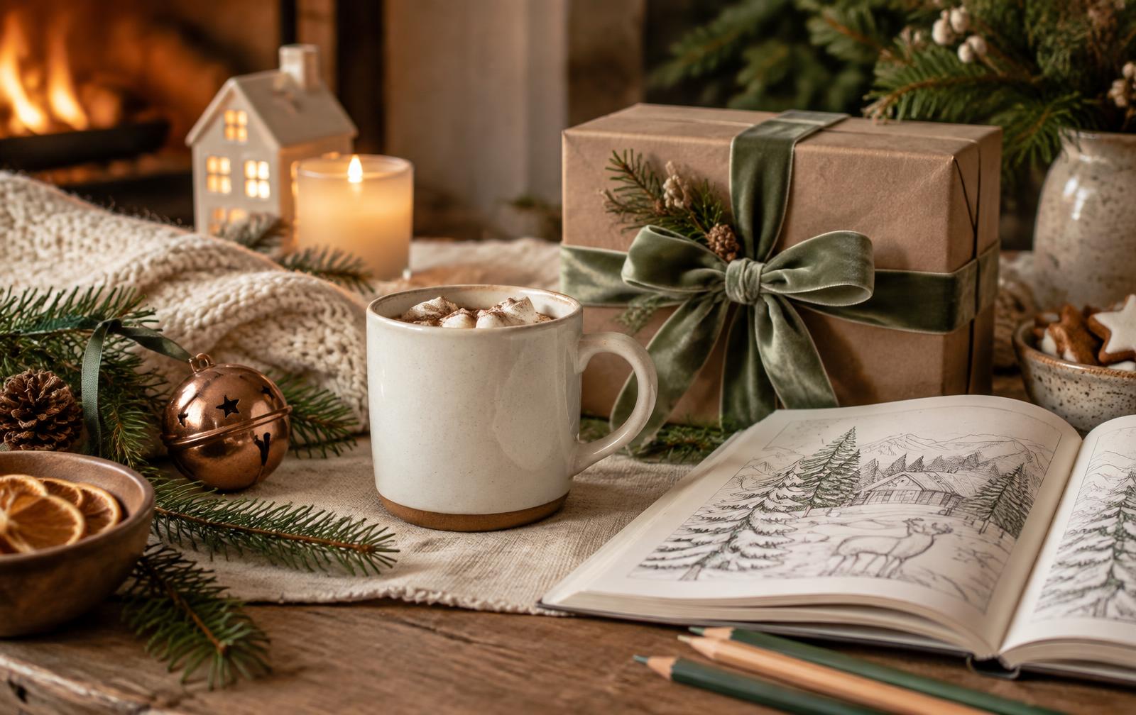 Curated winter gifts with a mug and coloring book